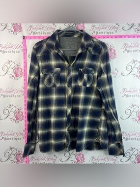 William Rast button up shirt white Navy and Cream Plaid Snap-Front Shirt